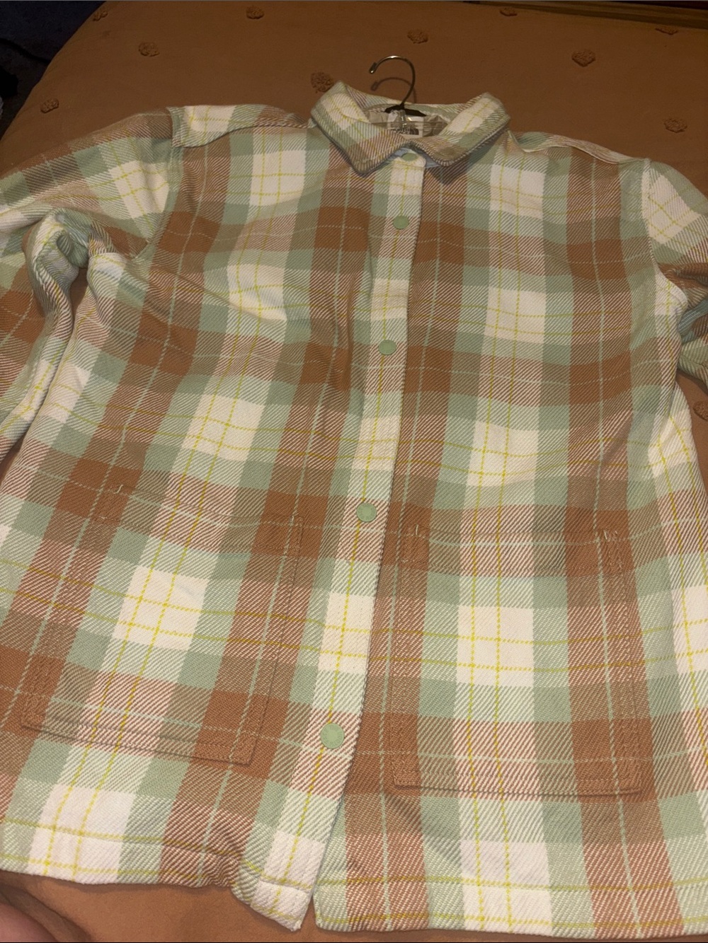 The North Face women’s Plaid Button-Down Shirt in Mint, Brown and White
